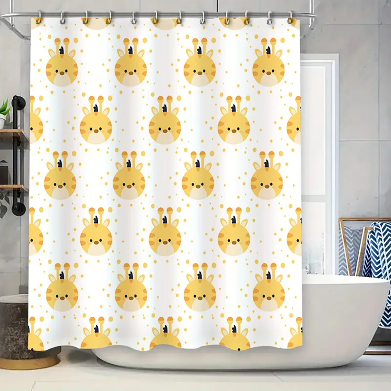 

Adorable Yellow Animal Print Shower Curtain for Bathroom Decor Cartoon Giraffe Design with Hooks Set