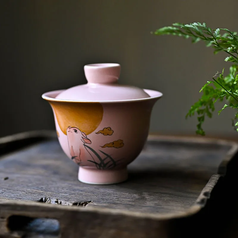 Jingdezhen Hand Drawn Blank Painted Jade Hare Moon High Foot Tureen Ru Ware Pink Glaze Solid Color Tea Brewing Bowl Lady