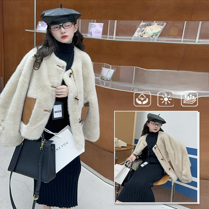 Apricot colored fur one-piece coat for women, 2024 winter new style this year's popular fashion thickened warm plush