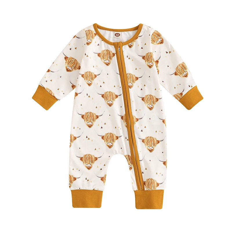 

Western Baby Boy Clothes Cow Print Romper Retro Bodysuit Zip Jumpsuit Cute Fall Winter Cowboy Outfit 0-12M