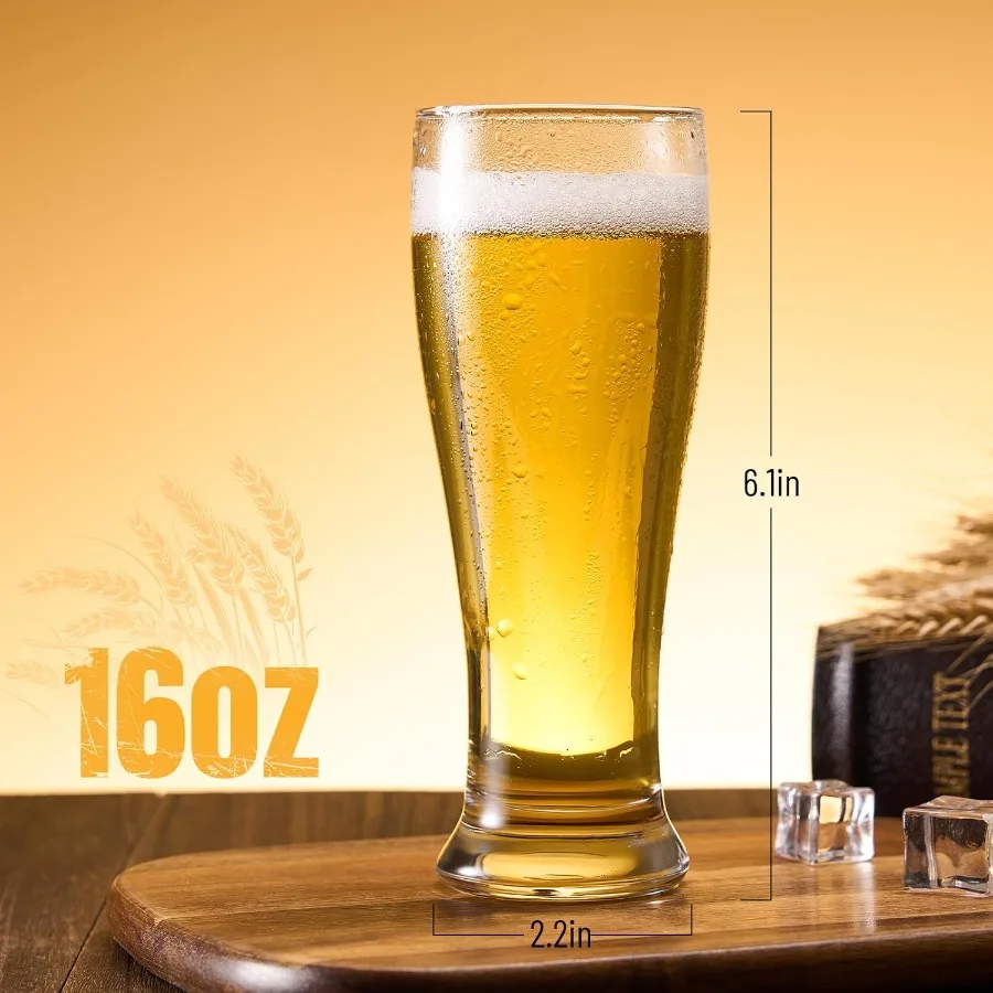 Juego de 4 vasos de pinta de cerveza Pilsner de 16 oz para servir cerveza artesanal, juego de cristalería para beber de diseño clásico, Ideal para el hogar y el Bar