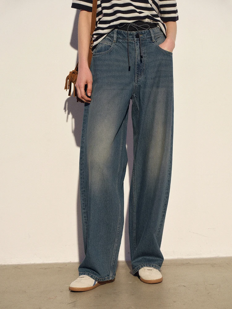 

Джинсы Msssix с прямыми штанинами, эластичным поясом, контрастными вставками, имитация двухслойности, свободный крой, классическая версия для женщин