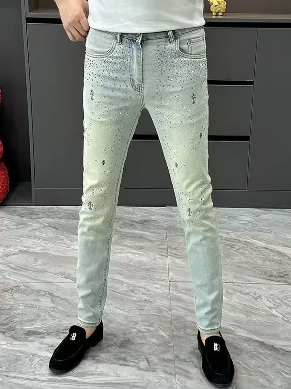 

Мужские джинсы Slim Fit, модные весенне-осенние голубые длинные брюки со звездами и ромбовидным термопереносом, износостойкие, повседневные