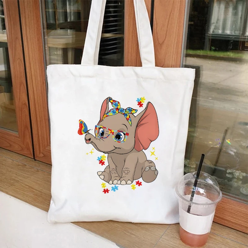 Borse di tela per la consapevolezza dell\'autismo per le donne borsa a mano elefante Design borsa per la spesa a tracolla di grande capacità per la