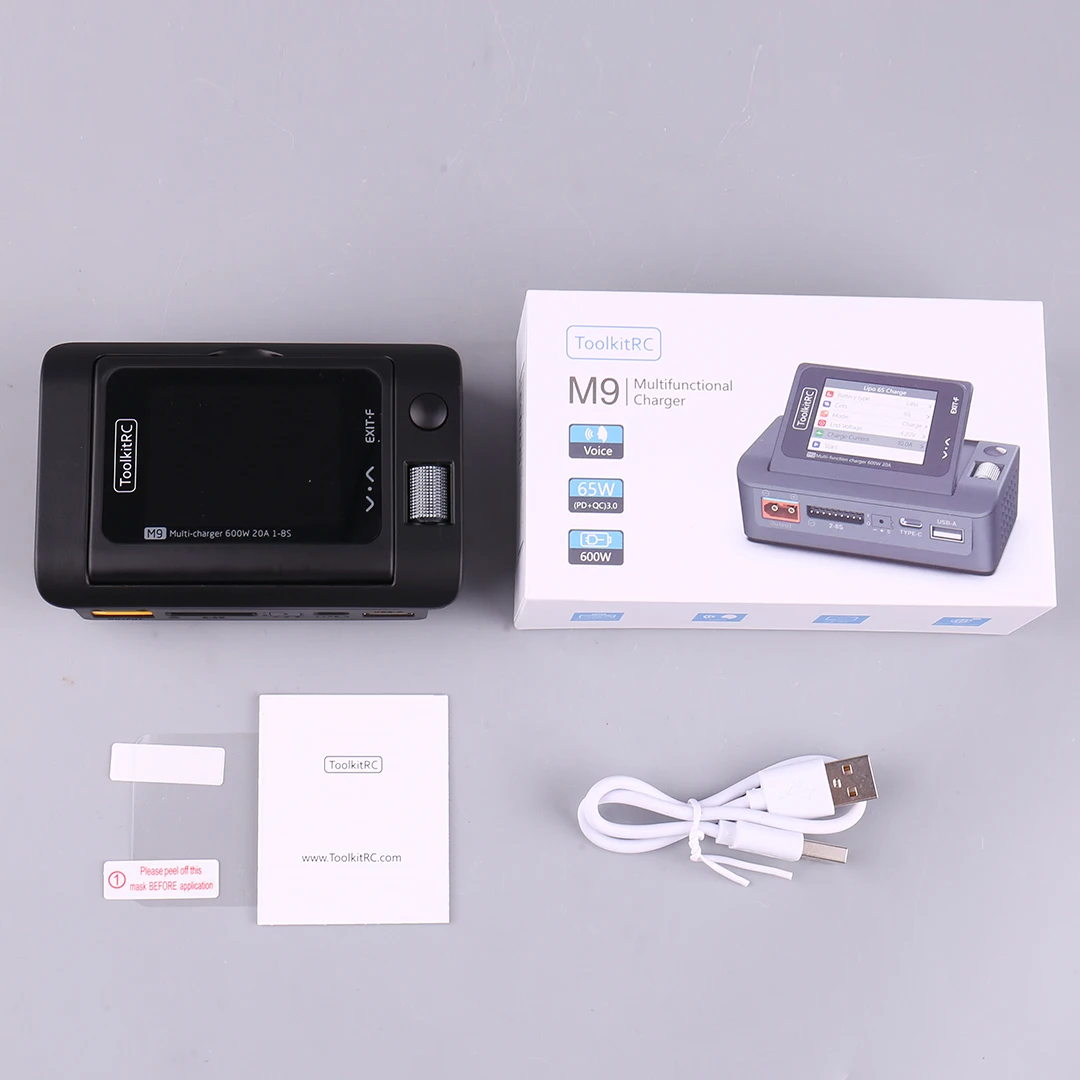 

ToolkitRC M9 600 Вт USB Быстрая зарядка Умное зарядное устройство постоянного тока Регулируемый угол экрана и функция аудио 1-8S Lipo LiHV LiFe Батареи