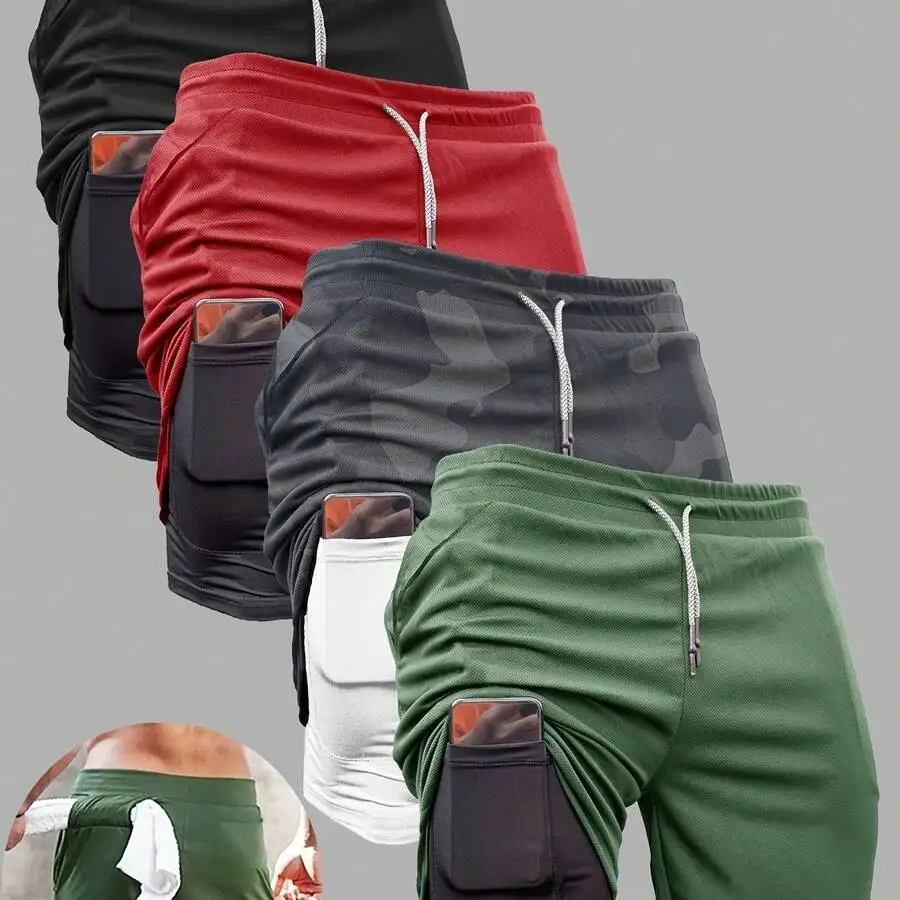 

4pcs Mens Quick Dry Two In One Sports Shorts Outdoor Beach Casual Elastic Waist