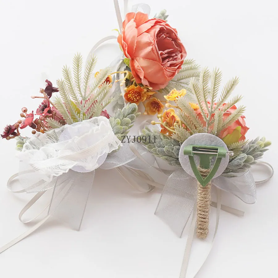 * مجموعة معصم الزفاف الوردي والعروة للعروس ووصيفة العروس والرجل والعريس وإكسسوارات زهور الزفاف باللون الأحمر