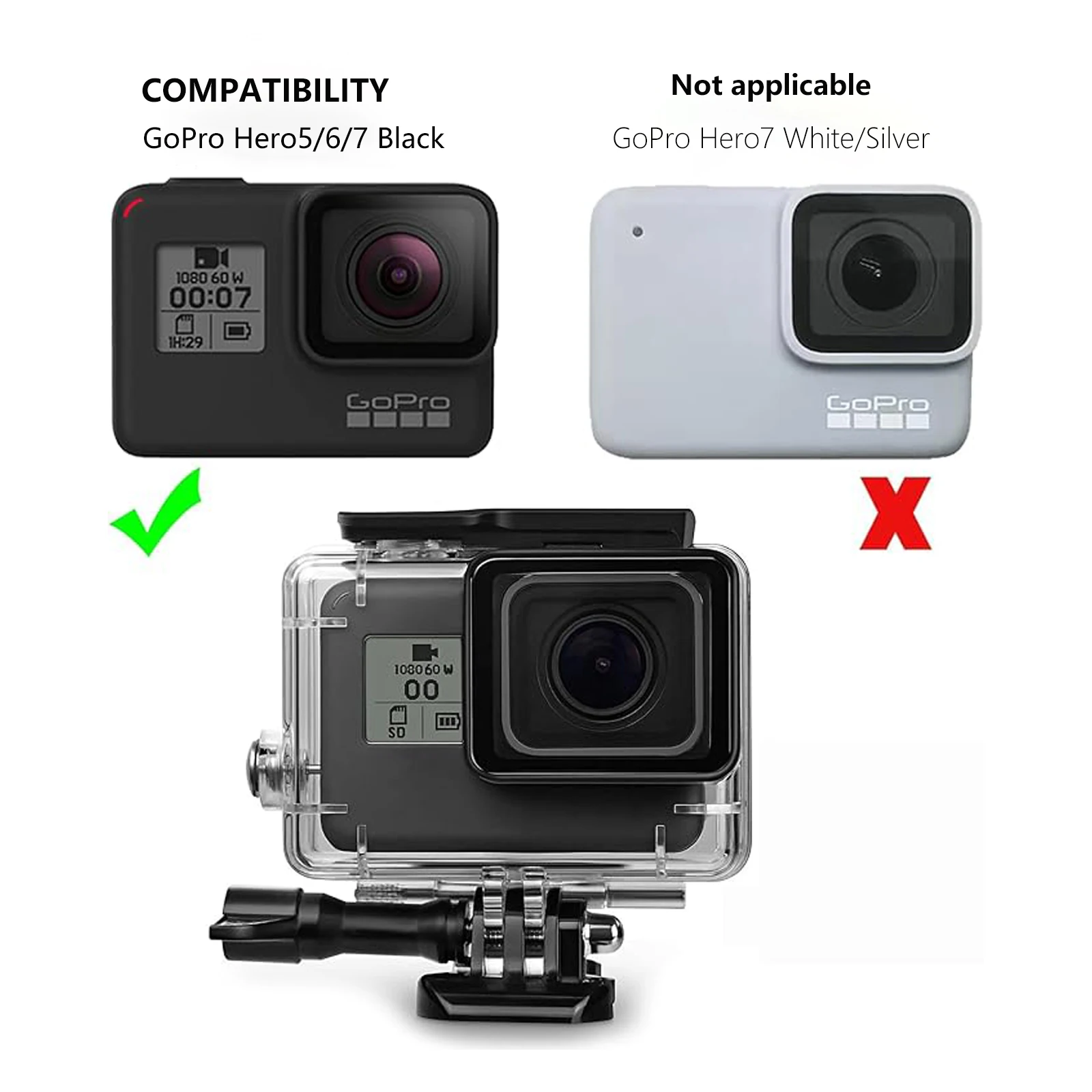 غطاء مقاوم للماء 148FT/45M لهاتف Go Pro Hero 2018/7/6/5 أسود، غطاء حماية للغوص تحت الماء لهاتف Go Pro Hero7 6 5