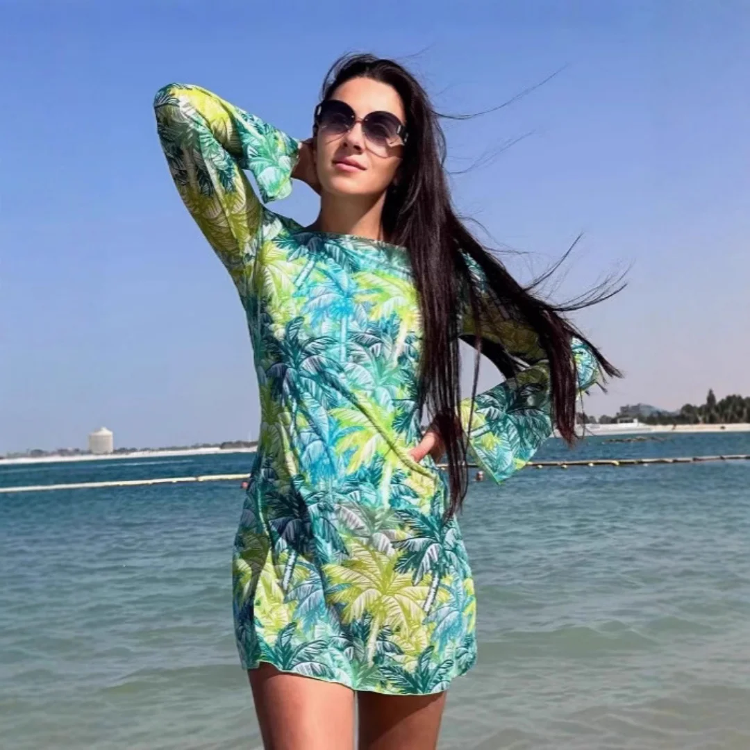 

2026 New Summer Women's Floral Print Mesh Beach Cover Up Oversized Long Sleeve Tunic Swimwear For Vacation Party