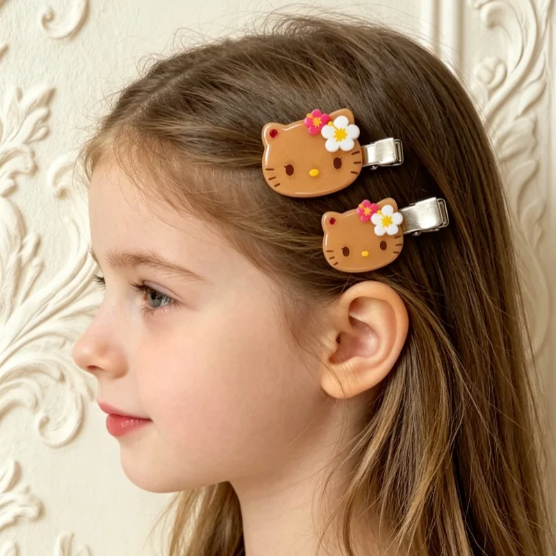 1/Pairs New Cartoon Summer Hawaiian Black Leather Kitty Hair Clip Cute Girly Hello Kitty Side Hair Card Clip Jewelry Hairpin