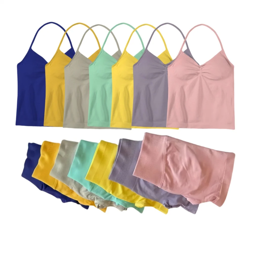 

2Pcs Women Yoga Set Strappy Vest&Shorts Against Resistance Seamless Padded Halter Tank Scrunch Butt Lifting Gym Shorts Set