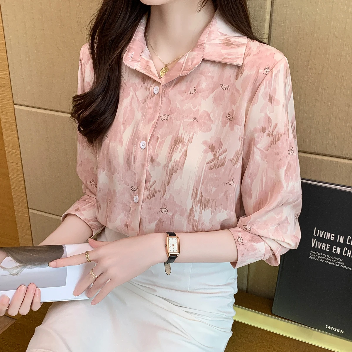 Women Spring Korean Fashion Temperament Loose Printing Polo-Neck Long Sleeve Shirts Women Clothes Casual All-match Sweet Tops