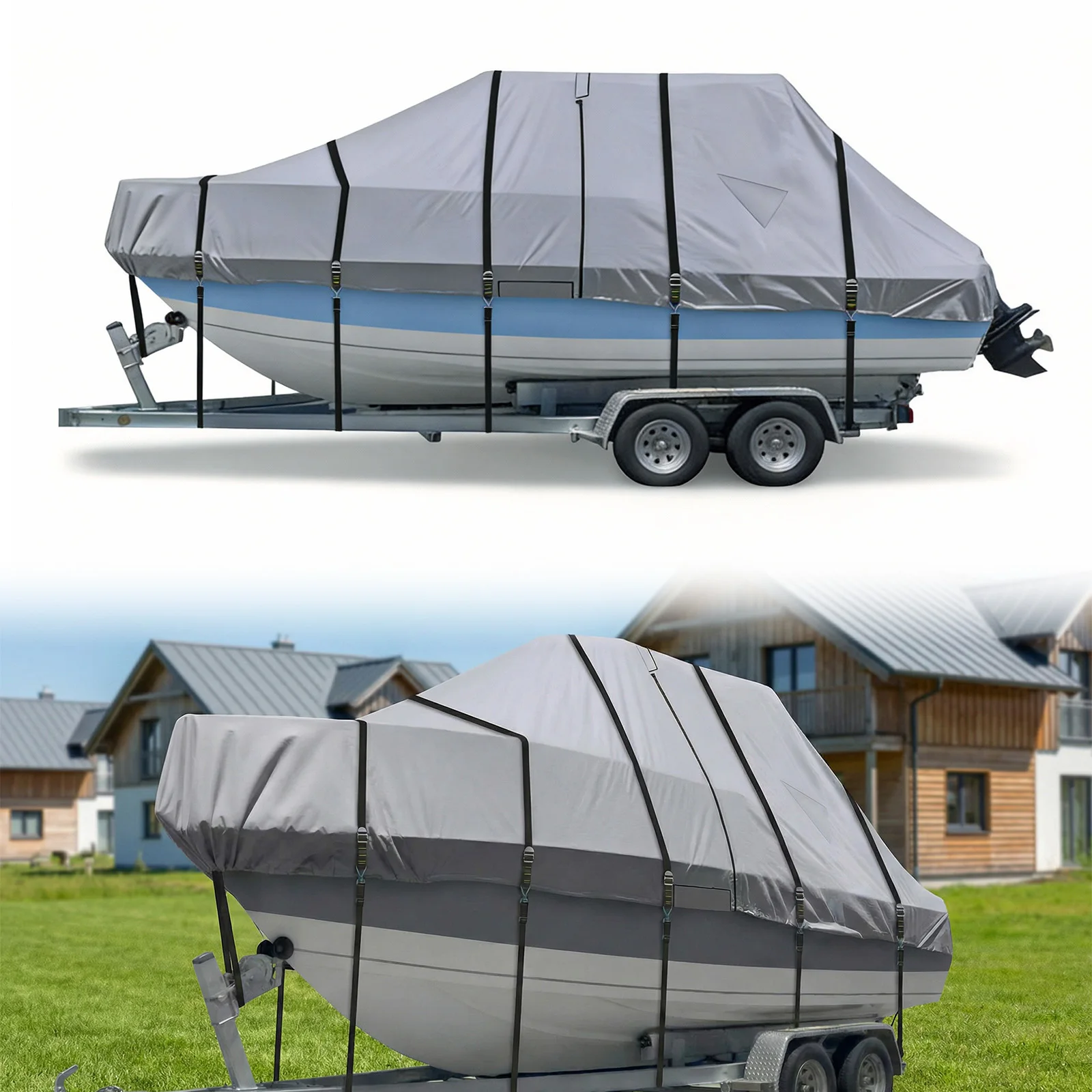 

1200D Hard Top Yacht Boats Storage Covers with 18 Tie Down Strap Boat Center Console Protect Covers UV-Proof For Protecting Roof