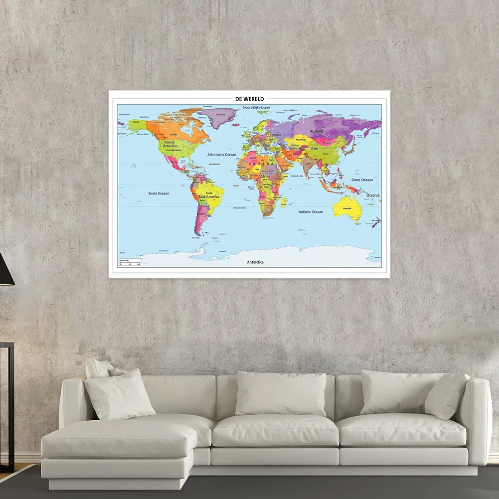 Mapa do mundo em Holandês, Poster detalhado, tela não tecida, arte da parede, quadro decorativo pendurado, escritório e material escolar, 150x100cm