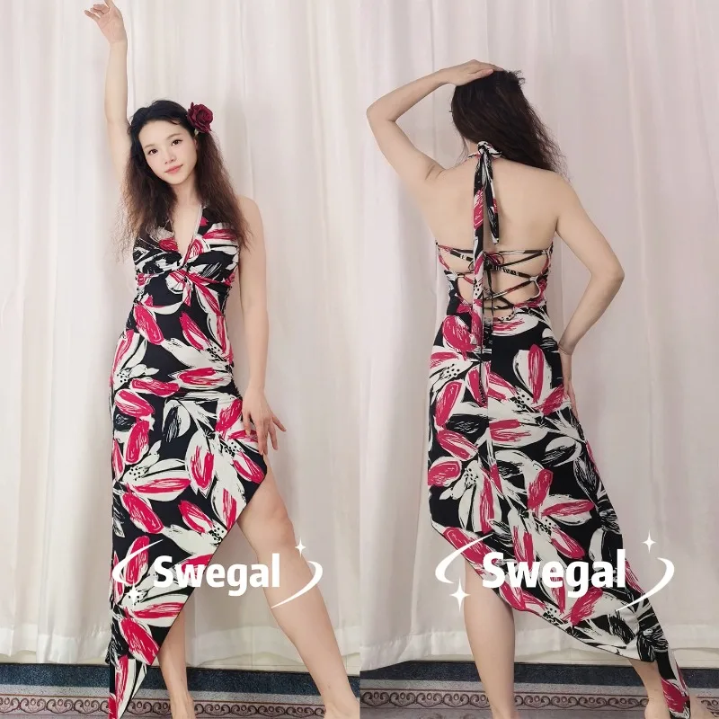 

Customized Belly Dance Costumes Practice Dress with Strap Hanging Neck and V-neck Cross Back Comes with Chest Cotton