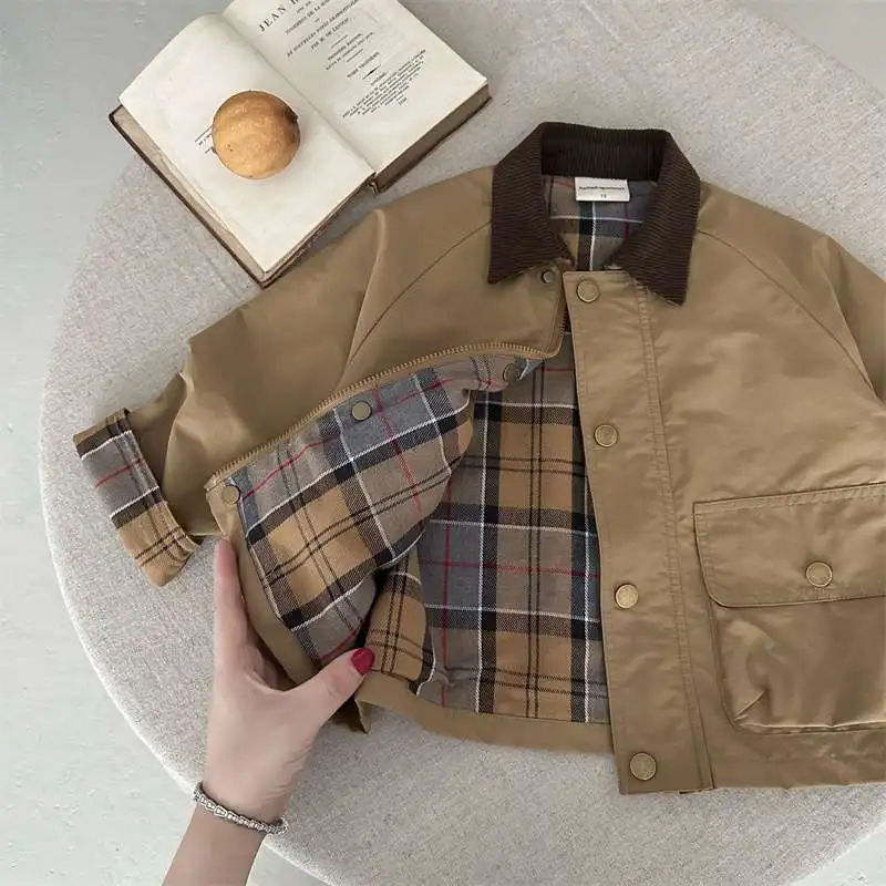 KIDCRKJ Kleinkind-Jacke für Jungen, kariert, Frühling, mit gespleißten Taschen, langärmelig, Oberbekleidung für Jungen, Mantel für Kinder, Jungenjacke