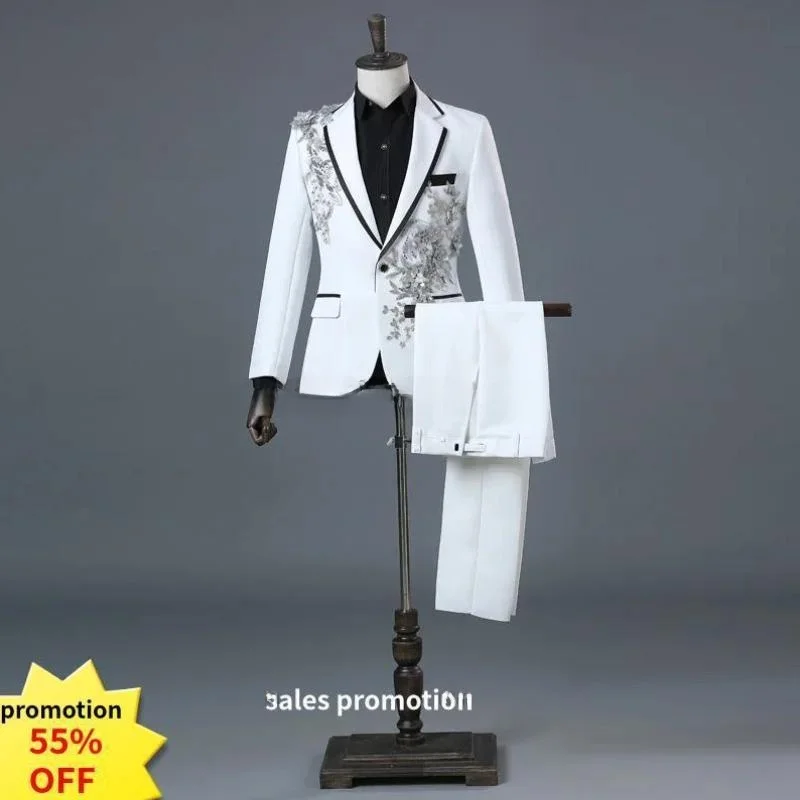 

Casual Ele Embroidered Men's Suit Youth Trend Spring Collection Thiened Seven Sve Long Double Breasted Button