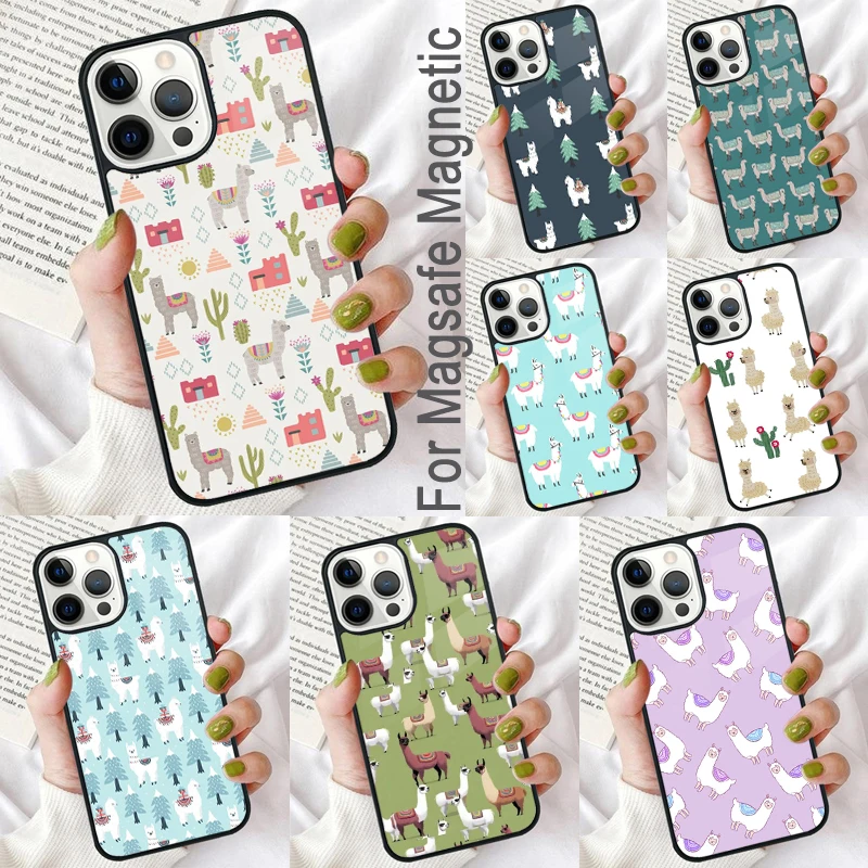 Llama Alpaca Pattern Magnetic Soft Phone Case for iPhone 16 Promax 15 Pro 13 14 Plus 11 12 Mini MagSafe Coque