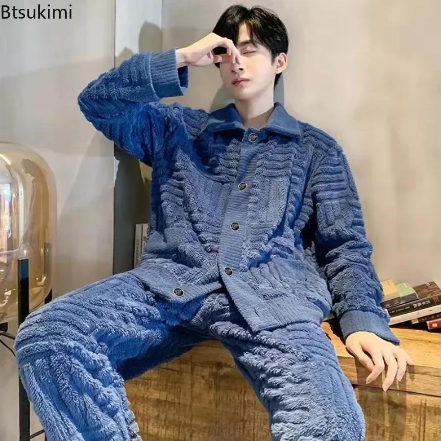 Hot Sale Autumn Winter Pajama Sets for Men Thicken Warm Coral Velvet Sleepwear Suit Loose Cozy Flannel Night Gown Male Homewear