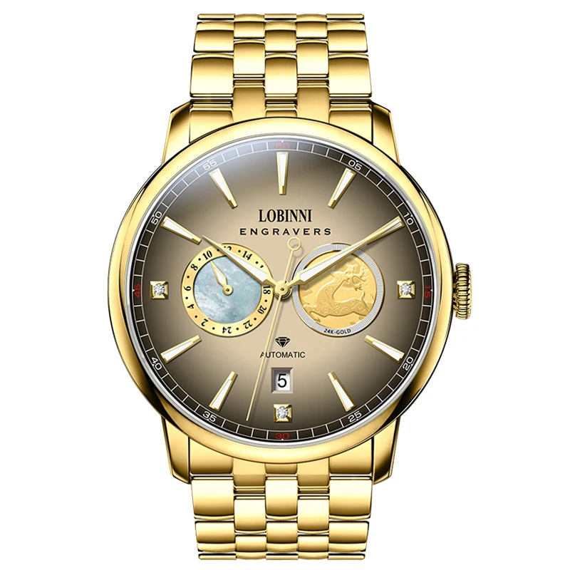 LOBINNI LOBINNI Men Automatic Watch 41MM Mechanical Wristwatch Sapphire Luminous Miyota 82S7 True Diamond 24K Gold/18K Platinum