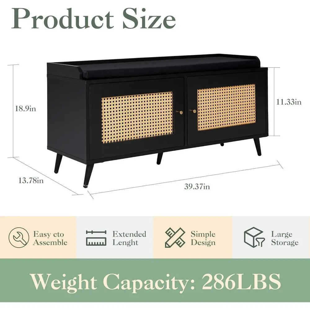 パッド入りシートシューズ収納キャビネット、39.3W x 13.8D x 18.9H、家庭用2ドア玄関家具