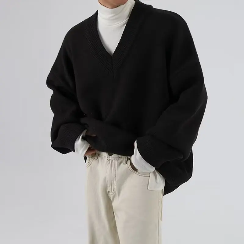 Trendy V-Neck Knitwear Loose Casual Men's Sweater Spring Autumn Fashion Outerwear Brand Youth Summer Long Sleeve Polyester