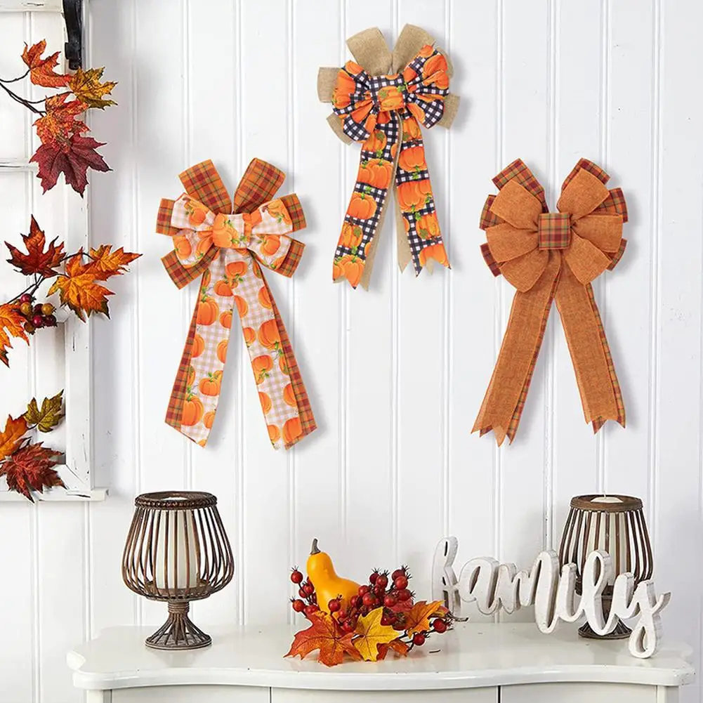 

3pcs Large Fall Bows Pumpkin Plaid Print Bows For Wreaths 11"x19.7" Thanksgiving Ribbon Bows For Home Indoor Outdoor Decoration