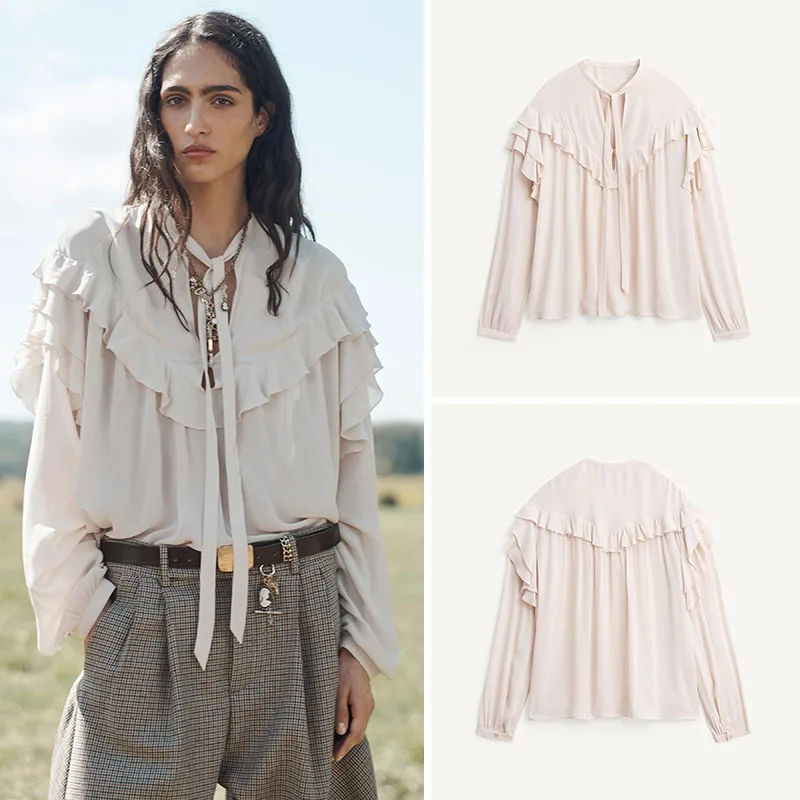 

Elegant Long Sleeve Shirt Women's Fashion Knot Layered Decoration New Arrival Winter Collection 25-35 Years Old