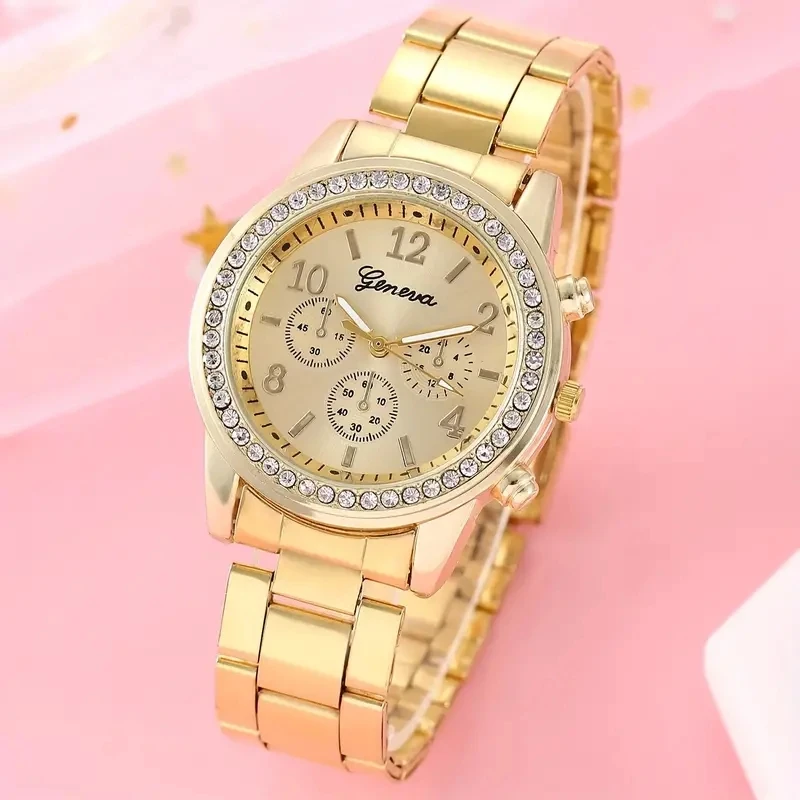 2pcs Luxury Women Diamond Watches Hip Hop Bracelet Ladies Quartz Watch Rose Gold Womens Wristwatch Shiny Crystal Reloj Mujer