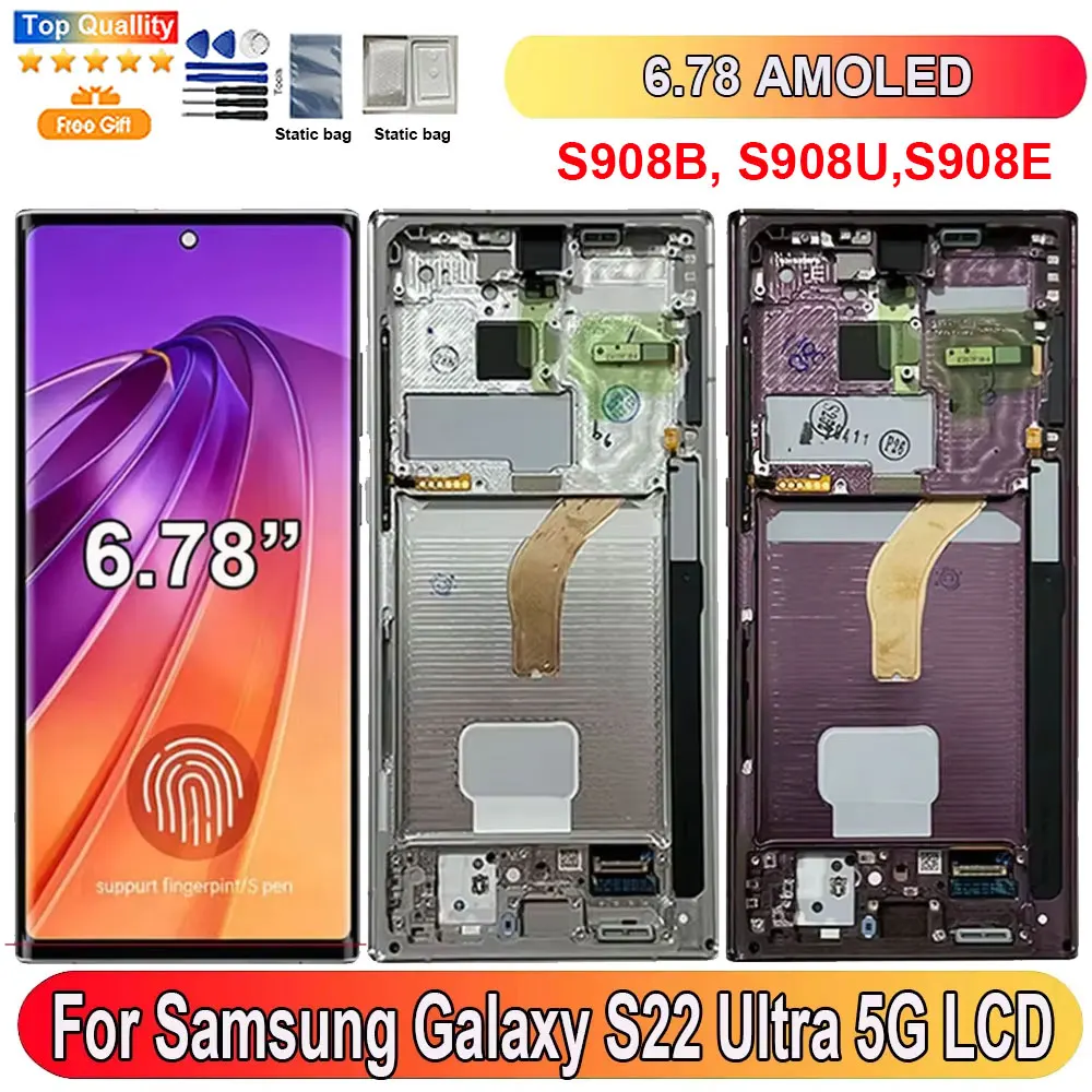 

6.78"AMOLED For Samsung Galaxy S22 Ultra 5G LCD Display Screen Touch Panel Digitizer Replacement Parts Support Fingerprin S908B