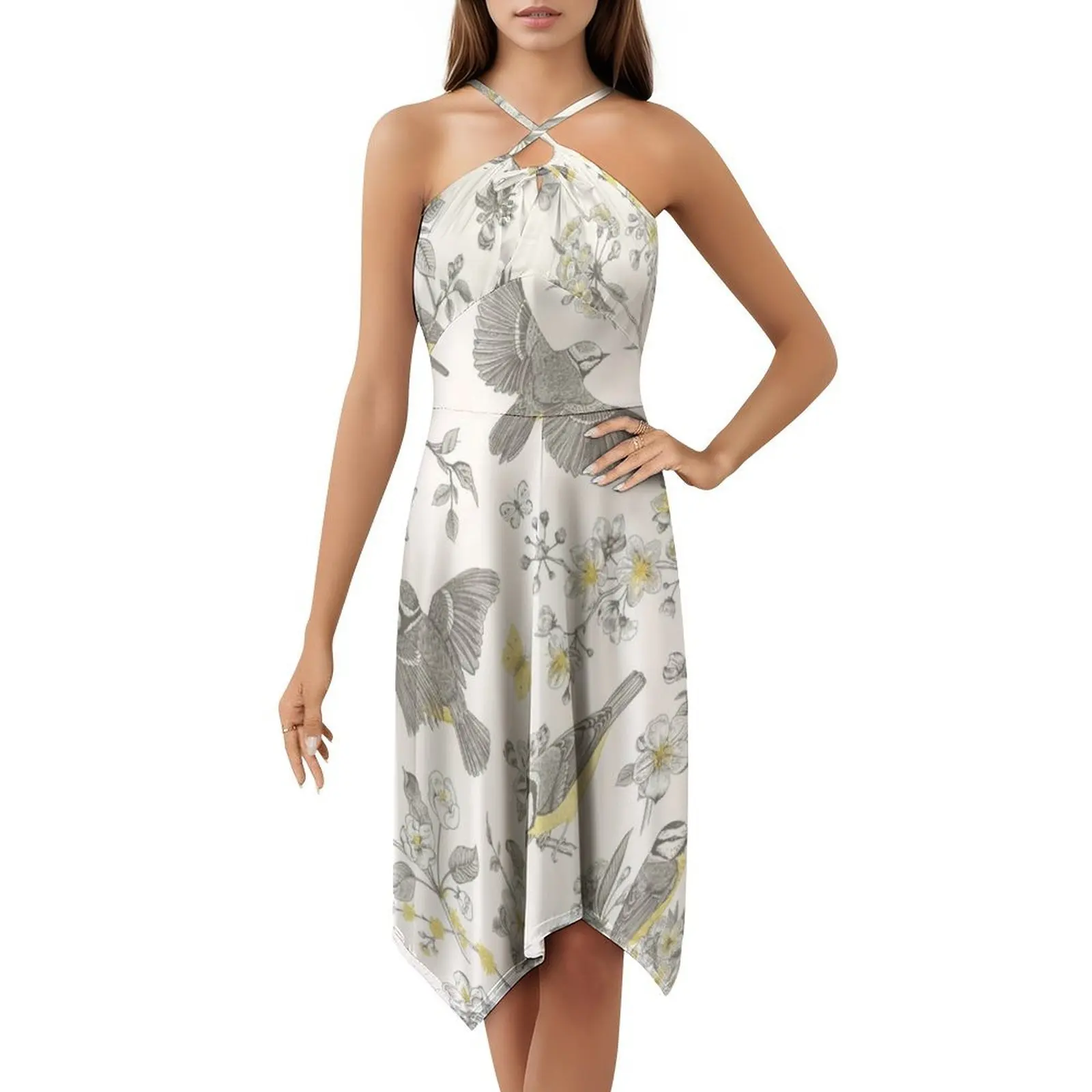 فستان حفلات أنيق للنساء من طيور تويلي باللون الأصفر والرمادي الفرنسي مع خيارات قصيرة/طويلة/بدون أكمام