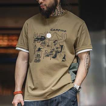 Maden 남성용 야외 프린트 반팔 티셔츠, 카키 캠핑 일러스트 디자인, 포켓 반팔 탑, 여름 