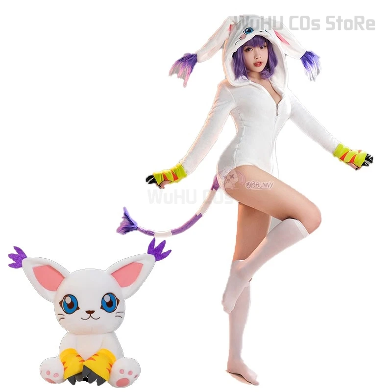 Anime Sexy Cosplay Traje, Bodysuit com capuz, Cinto Cauda, Gatomon, Tailon Neko, Fofo Halloween Terno, Terno Doujin