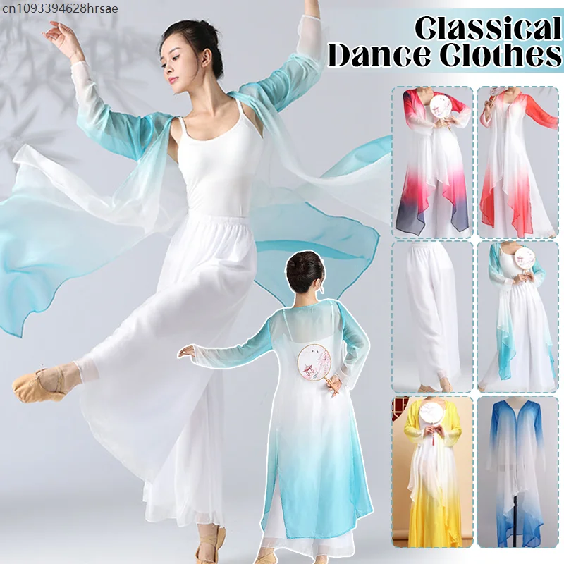 Women Classical Dance Long Tops Flowy Loose Shirt Gradient Chiffon Cardigan Cloak Chinese Folk Dance Stage Performance Costume