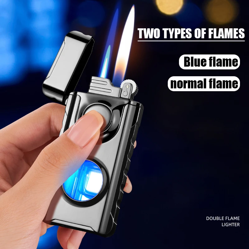 Creative Double Fire Windproof Metal Lighter, Transparent Visible Gas Window, LED Blue Light, Two Way Jet Flame, Man Gift