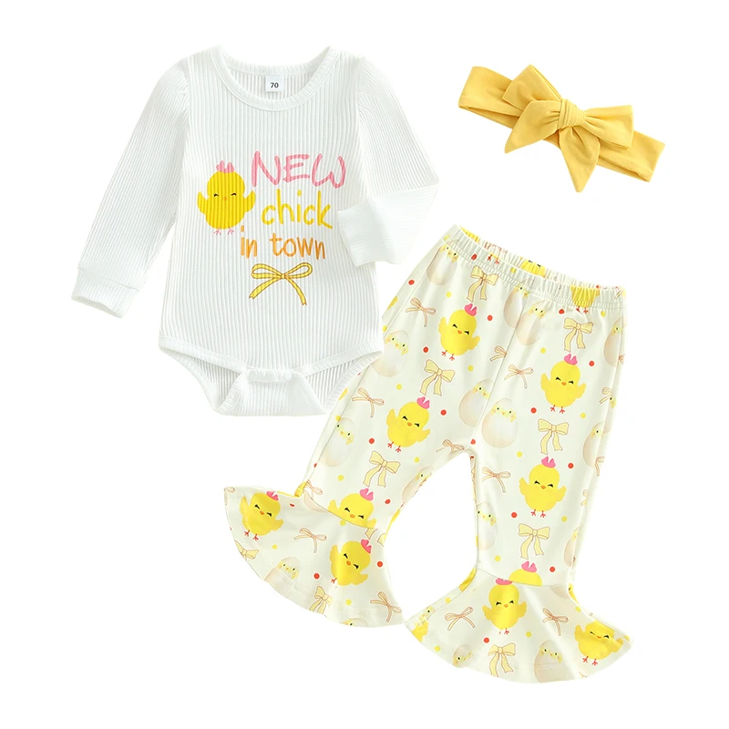 Baby Girls Spring Clothes Long Sleeve Letter Print Romper with Chick Pattern Flare Pants and Headband