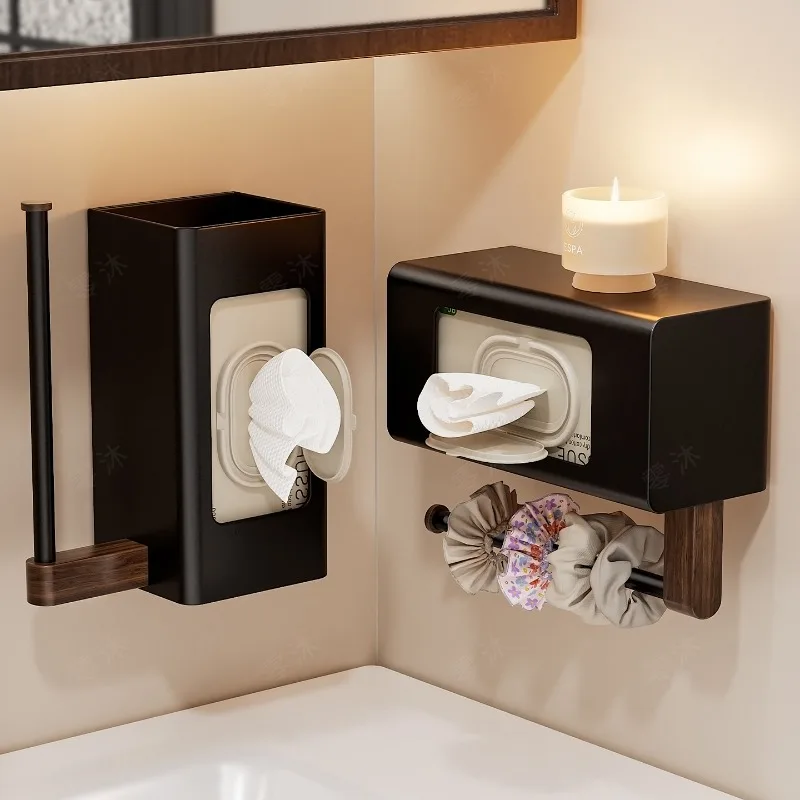 

1pcs Wall Mounted Walnut Wood Toilet Paper Holder Punch Free Tissue Box Bathroom Storage Rack For Roll Paper