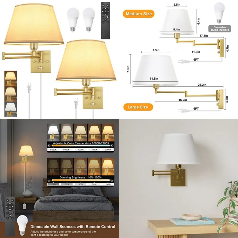 

Remote Control Dimmable Wall Sconce, Adjustable Color Temperature 2700K-6500K Brushed Brass Swing Arm Wall Lights with Plug in