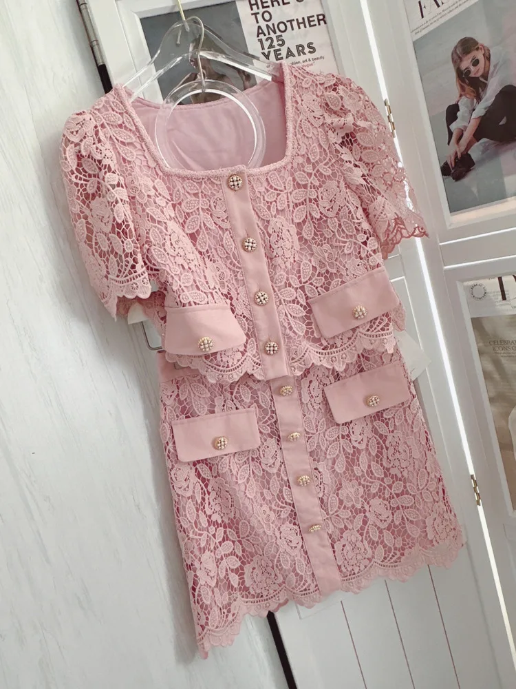 New Summer Lace Skirt Suits 2 Piece Sets Women Outfits Elegant Square Collar Short Sleeve Shirt Top + Mini Skirt Sets Pink/white