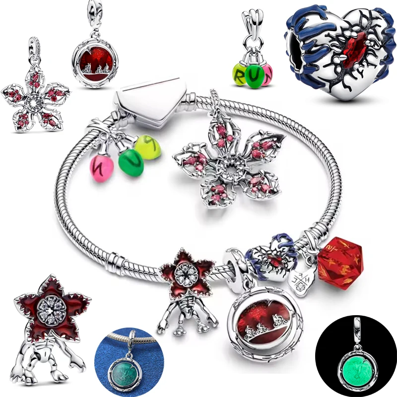 

925 Sterling Silver Cannibal Flower Glowing Heart Charm Fit 925 Sterling Silver Original Women Bracelet DIY Jewelry Accessories