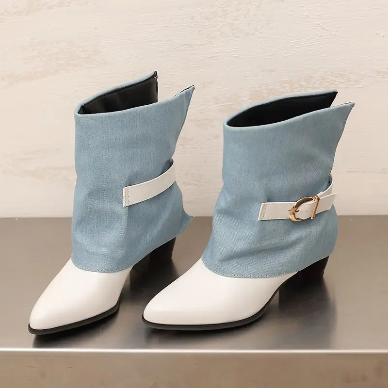 

ORCHA LISA 2025 Новые женские ботильоны до середины икры на блочном каблуке 5 см, туфли с острым носком и пряжкой, синие, большие размеры 47 48 Dating Bota