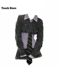 Women Y2k Shoujo Girl 2000s Kpop Outfits 3 Piece Set Long Sleeve Crop Tassels Sweater + Polo Collar Jumper + Mini Cuddly Skirts
