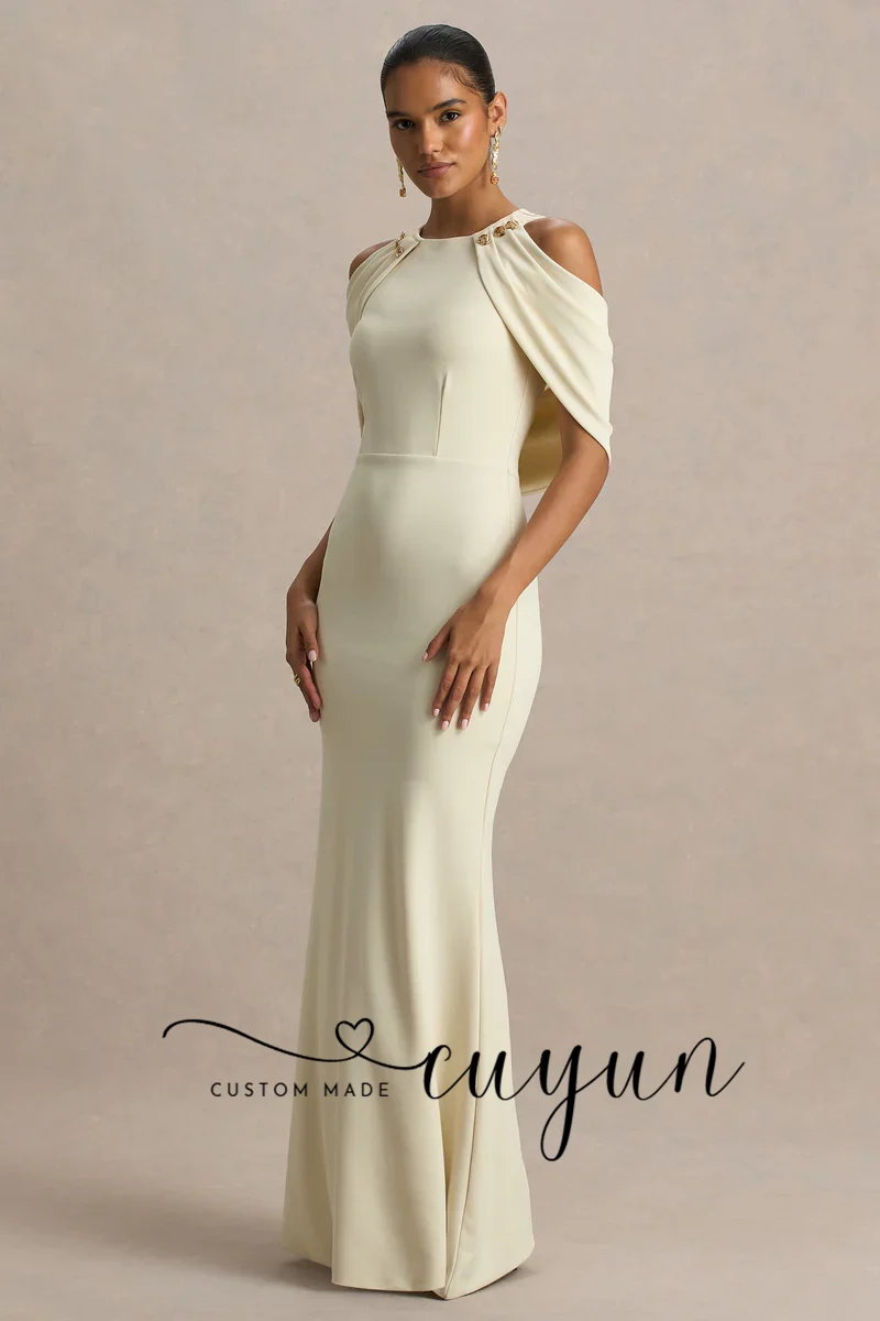 CUYUN Abito da sera formale personalizzato O-Collo Maniche a mantella Abito da festa lungo fino al pavimento Abito da sera elegante stile scialle da donna