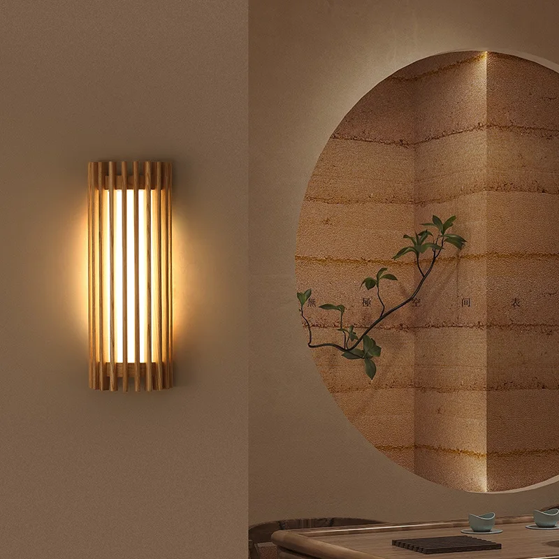 Japanese Wabi Sabi Style Wall Lamp Retro Walnut Living Room Bedroom Bedside Hotel Corridor Decoration LED Acrylic Bracket Light