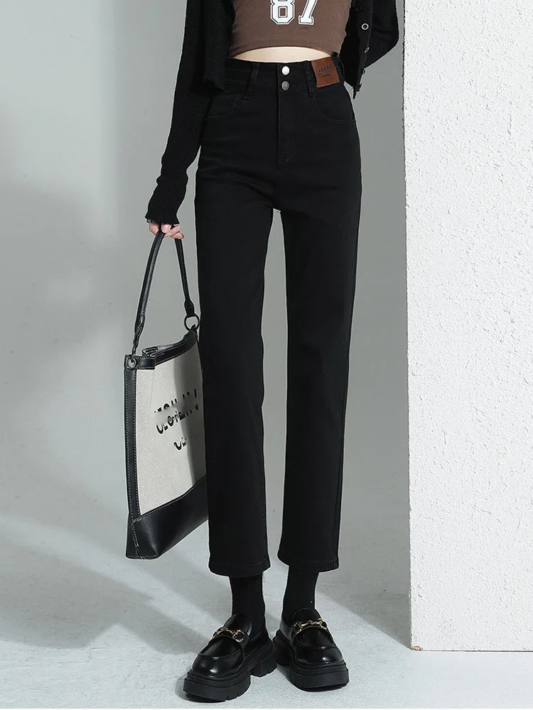 Elastyczne, proste jeansy damskie w stylu vintage, codzienne, z wysokim stanem, luźne spodnie dżinsowe do kostki w stylu streetwear.