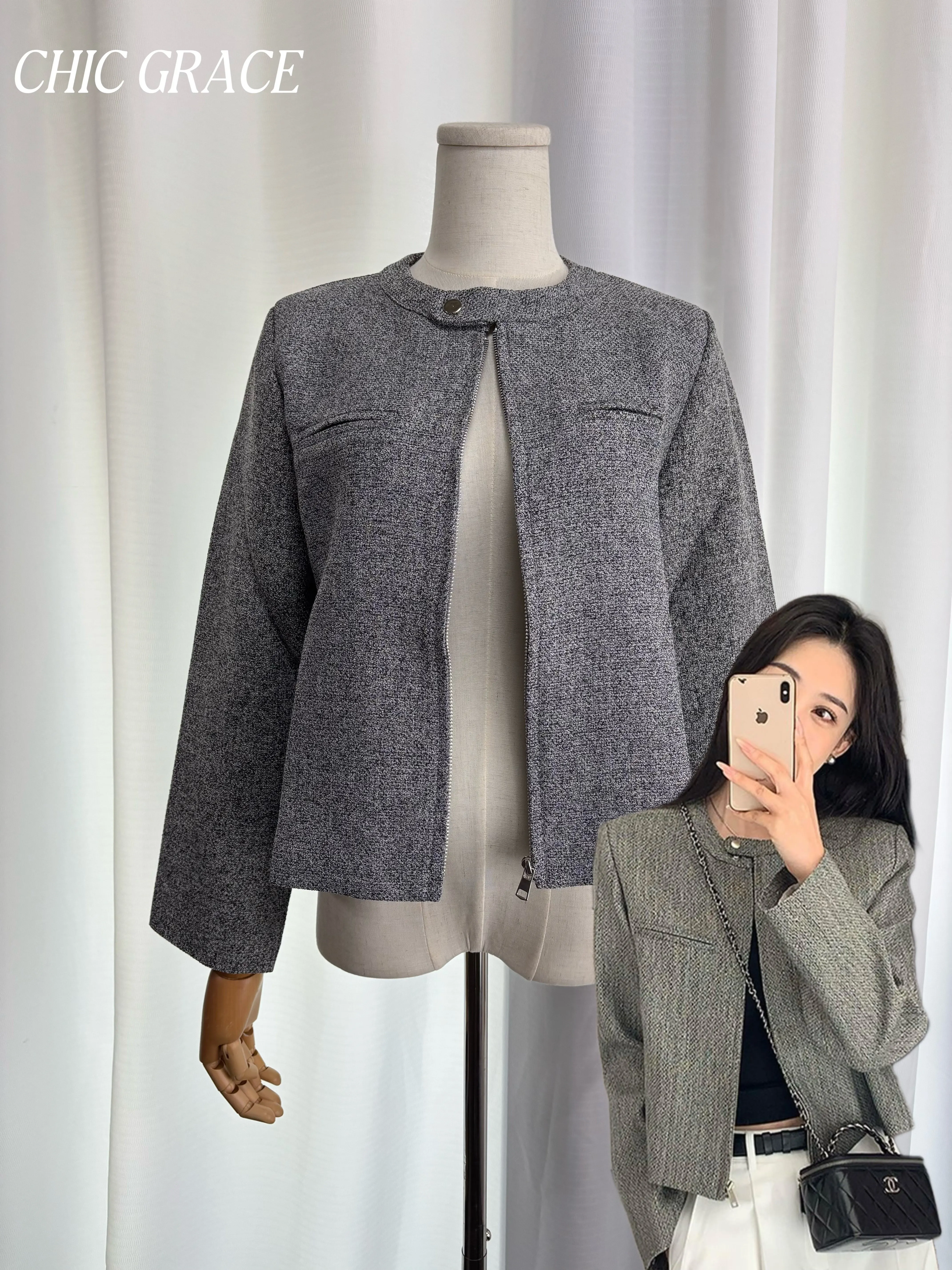 

Real shot Women's Early Autumn 2025 Grey Cropped Jacket Outerwear, Unique Chic & Edgy Fashion Coat for Trendy Ladies