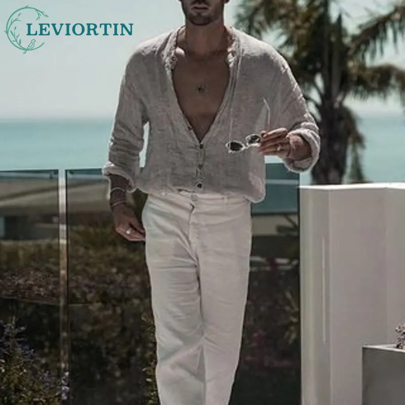 2024 Spring/Summer New Men's Shirt Solid Color Loose Cotton Wrinkled Stand up Collar Long Sleeve Shirt
