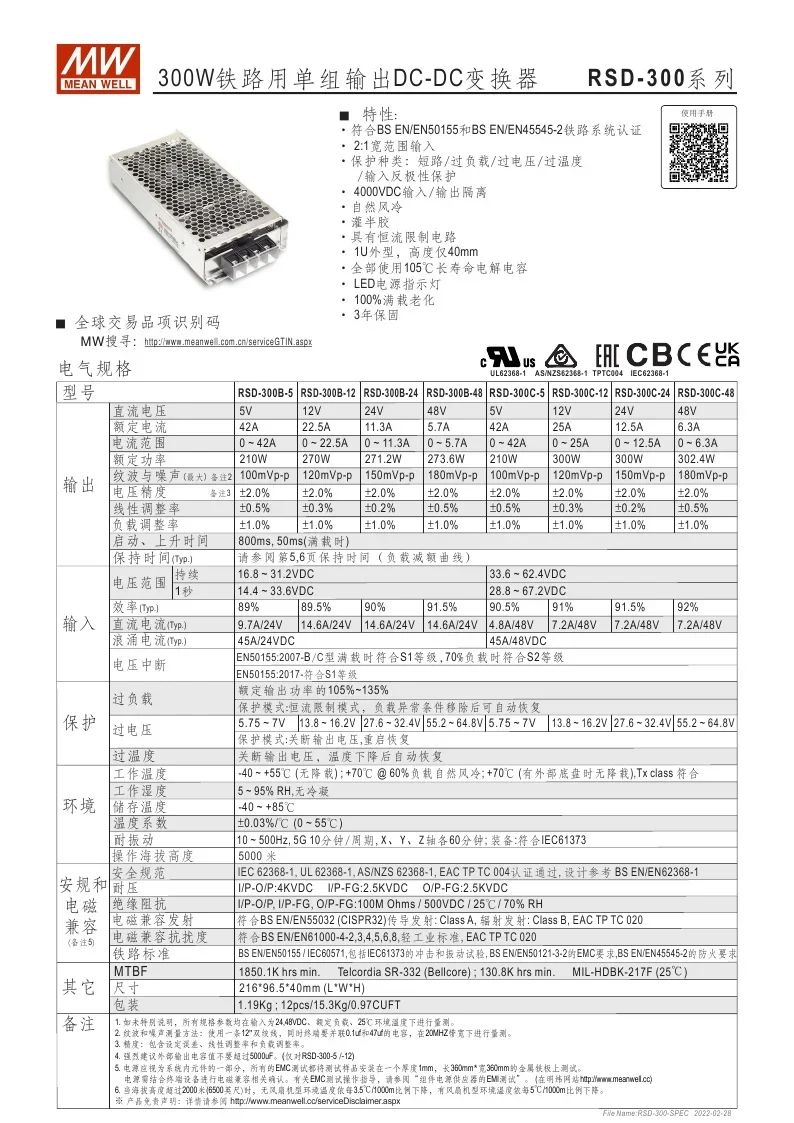 Taiwan Mingwei DC-DC Railway Power Supply RSD-300B-12 300W 14.4-33 12V22.5A