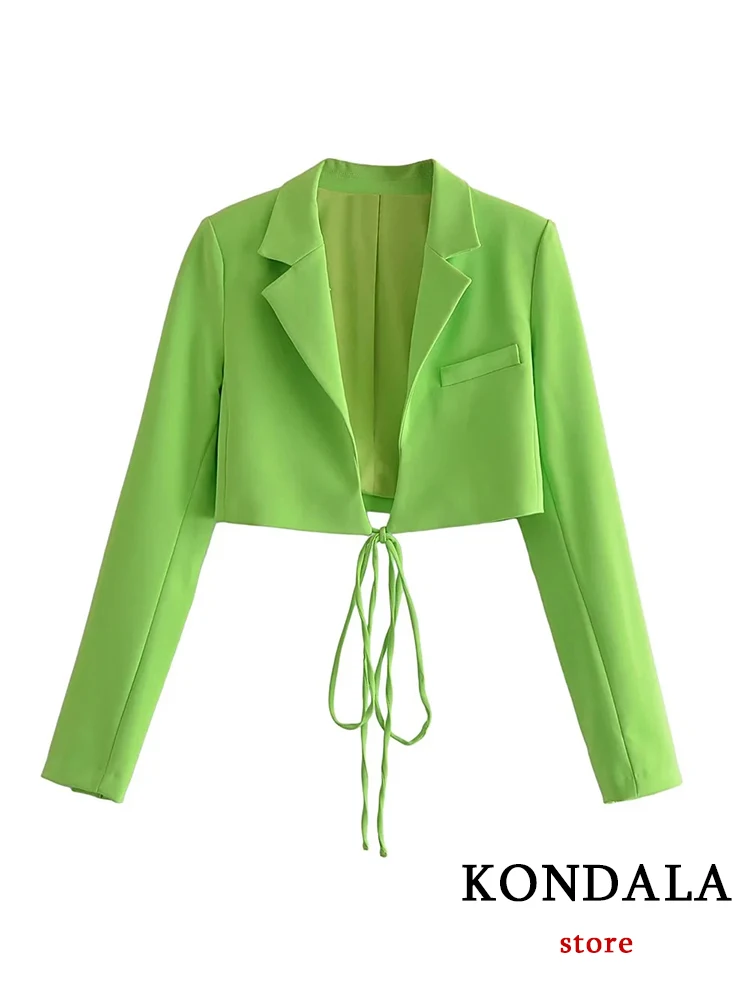 KONDALA Y2K Streetwear Solid Green Short Blazers Girls Deep V Neck Lace Up Sexy Jackets Female Elegant Mujer Tops