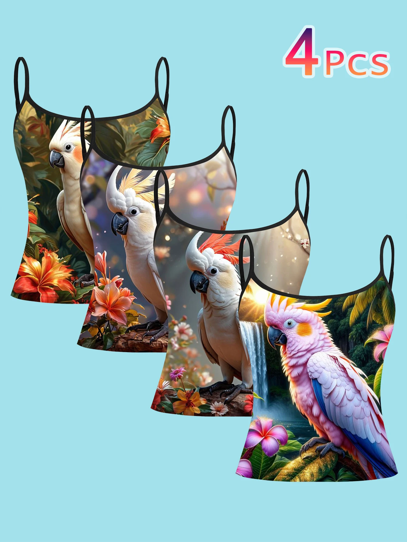 4-Piece Set with Floral and Cockatoo Patterns, Rainforest Scenery Women's Spaghetti Strap Camisole Set